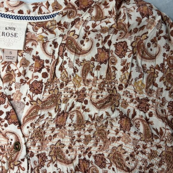 KNOX ROSE Top Women's Small Ivory Brown Hi Lo Hem V-Neck Smocked Tunic Paisley - Picture 3 of 5